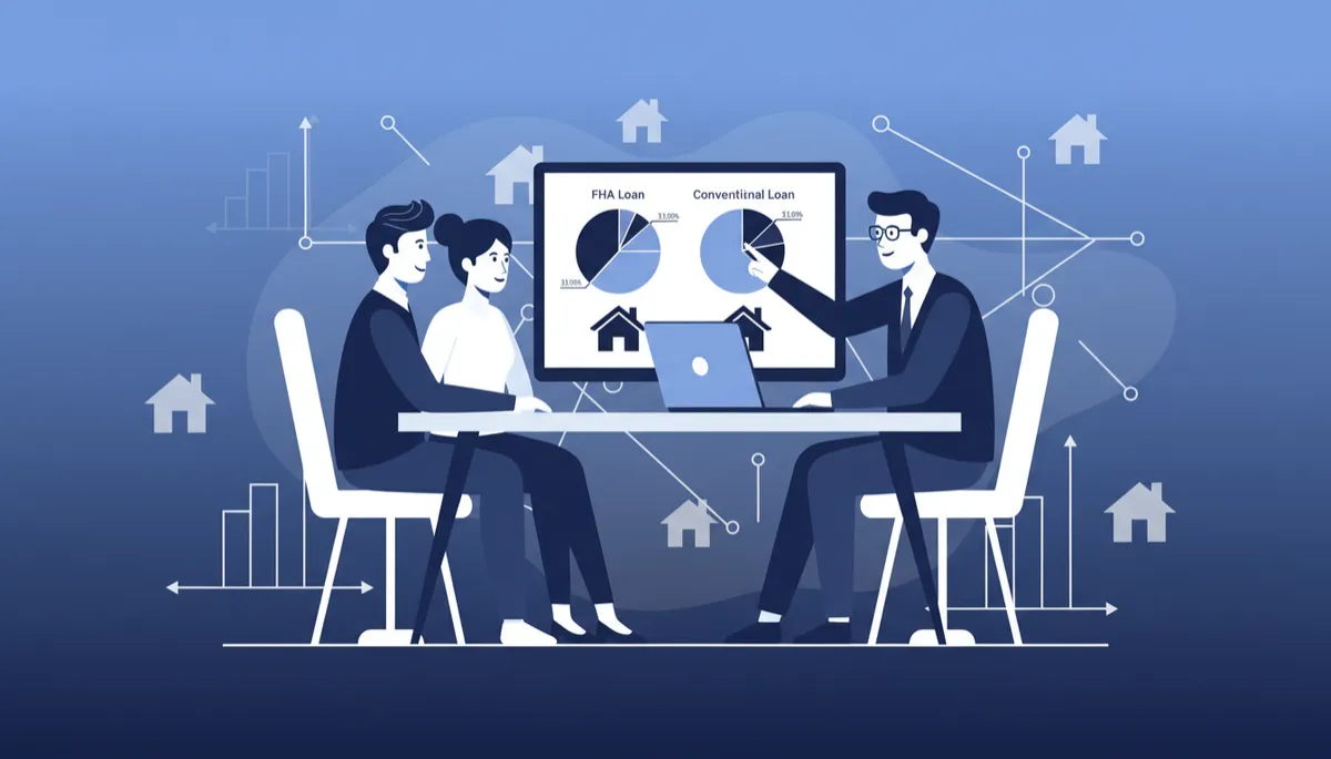 clean flat illustration in navy blue (#072A60) and white showing a California couple at a desk with a mortgage broker reviewing FHA vs conventional loan options on a laptop screen, simple charts and house icons in the background
