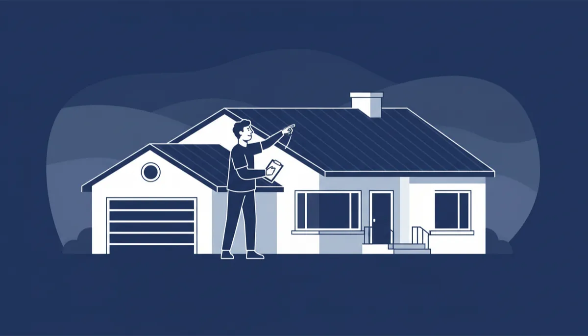 professional illustration in a clean modern flat vector style, navy blue #072A60 and white color scheme, showing an FHA appraiser standing outside a California-style suburban home with stucco exterior and tile roof, holding a clipboard and checking the roof, windows, and handrails, subtle background of rolling hills