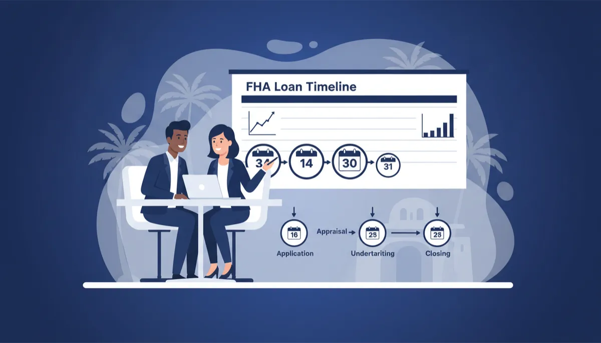 clean flat illustration of a California couple reviewing an FHA loan timeline with a mortgage broker at a desk, simple charts and calendar icons in deep navy blue (#072A60) and white, friendly professional style