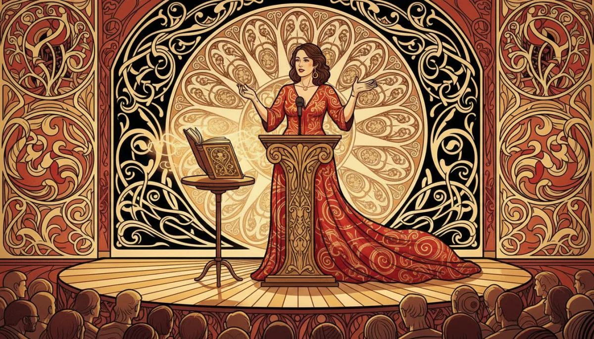 An Art Nouveau illustration of a nonfiction author, coach, or consultant giving a talk on stage at a conference, with a hardcover book visible on a nearby table or podium. The scene is dynamic, with swirling decorative motifs and warm brand colors (black, white, red, golden yellow). No text inside the image.