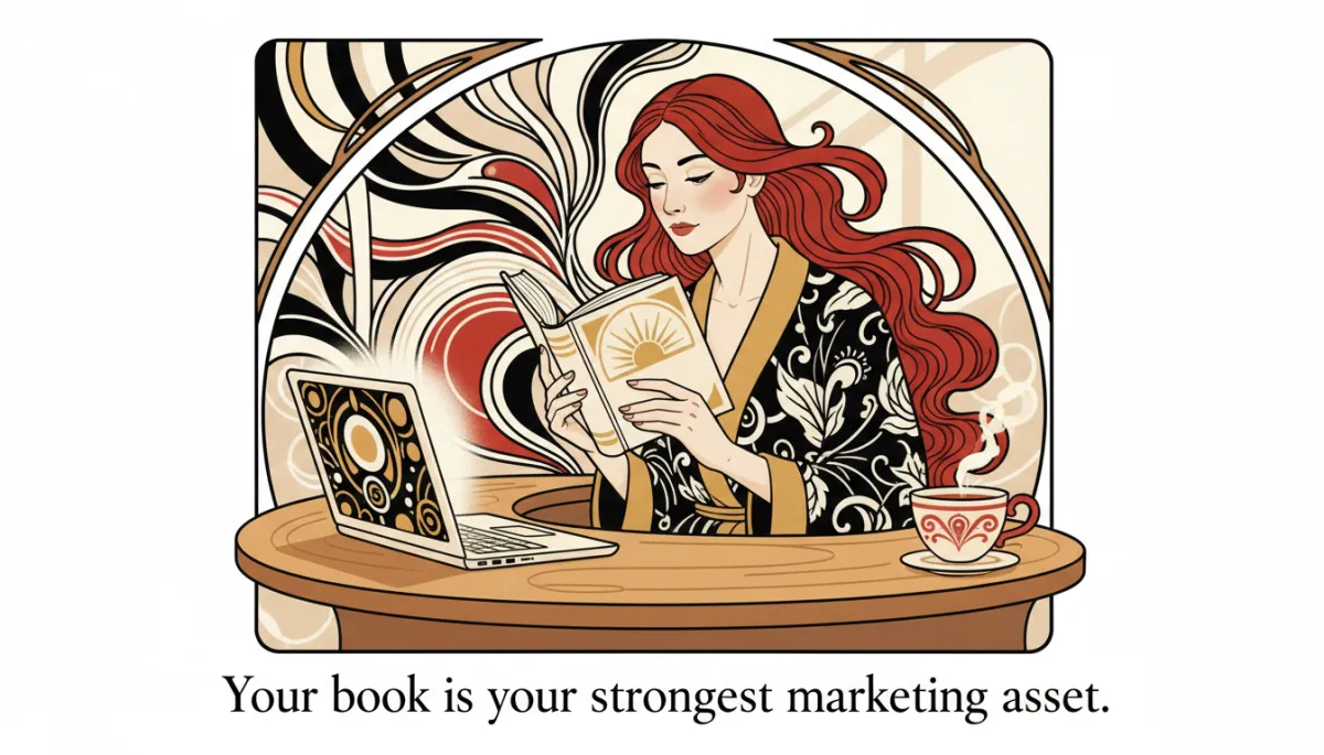 An Art Nouveau style image of a nonfiction author or business consultant sitting at a tidy, minimal desk, holding a hardcover book, with an open laptop and a cup of tea. The workspace background is simplified: clean lines, soft natural light, and subtle brand colors (black, white, red, golden yellow), with no ornate details or visual clutter. The image should include a clear English caption at the bottom that says: 'Your book is your strongest marketing asset.'