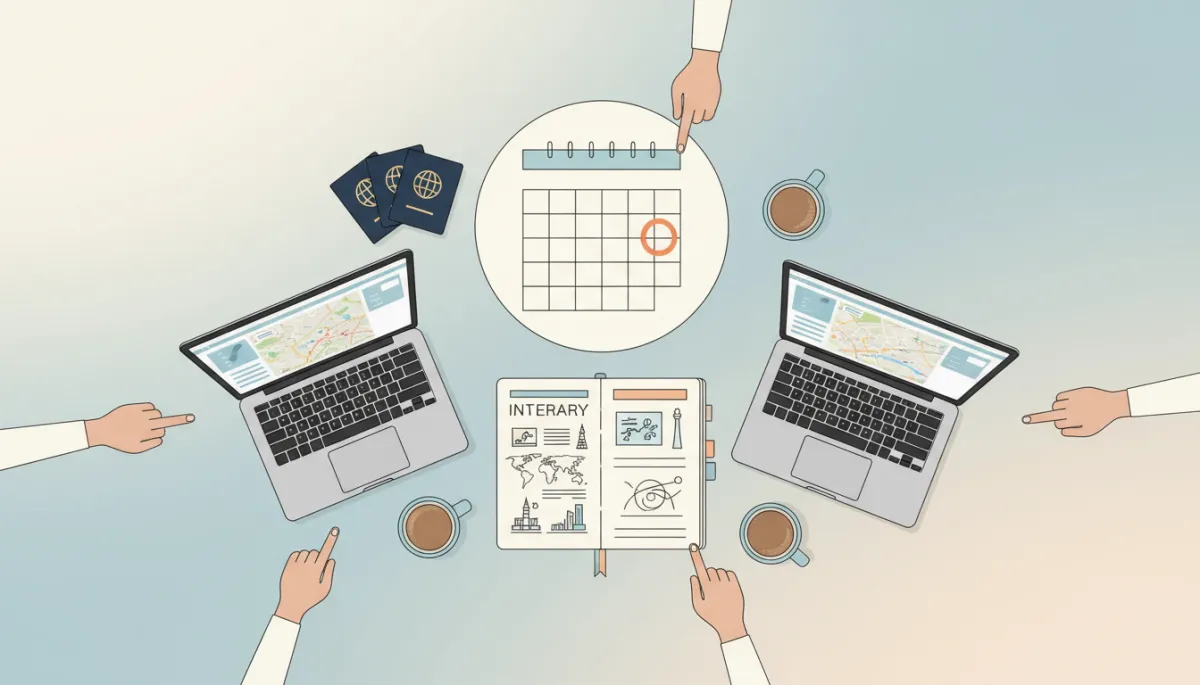 Group of travelers collaborating around a table to finalize a shared vacation itinerary