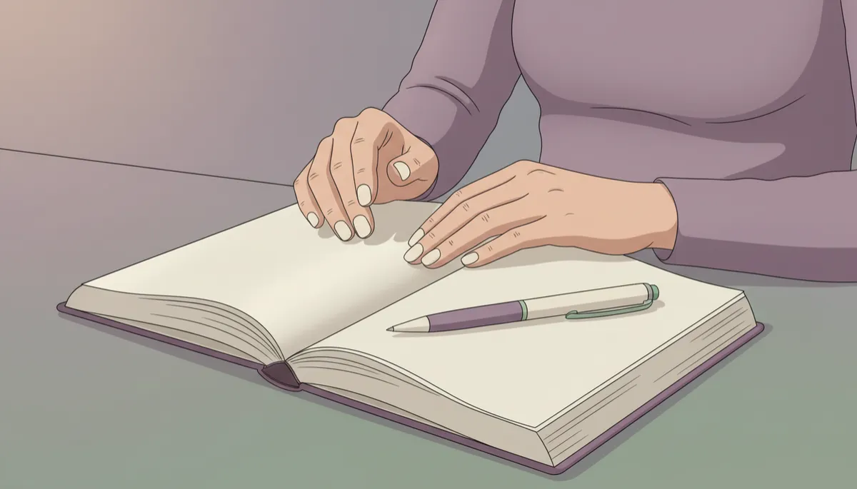 Midlife woman’s hands resting on an open journal during a reflective moment Midlife woman’s hands resting on an open journal during a reflective moment