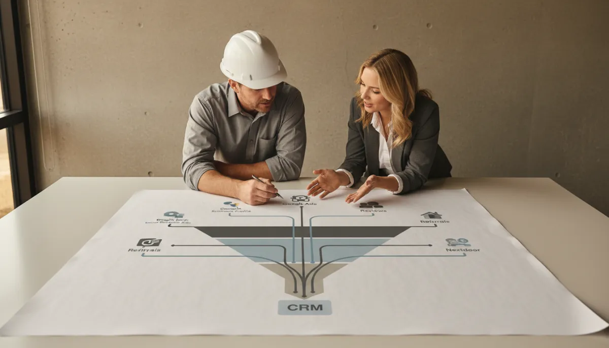Contractor reviewing a multi-channel lead generation funnel diagram with a consultant Contractor reviewing a multi-channel lead generation funnel diagram with a consultant