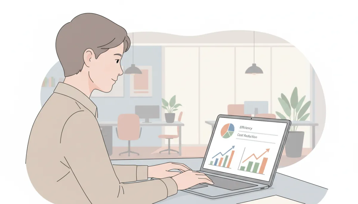 Manager reviewing AI-driven efficiency and cost metrics on a laptop Manager reviewing AI-driven efficiency and cost metrics on a laptop