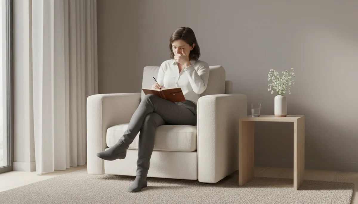 Person journaling in a calm, neutral-toned space while reflecting on their body and well-being