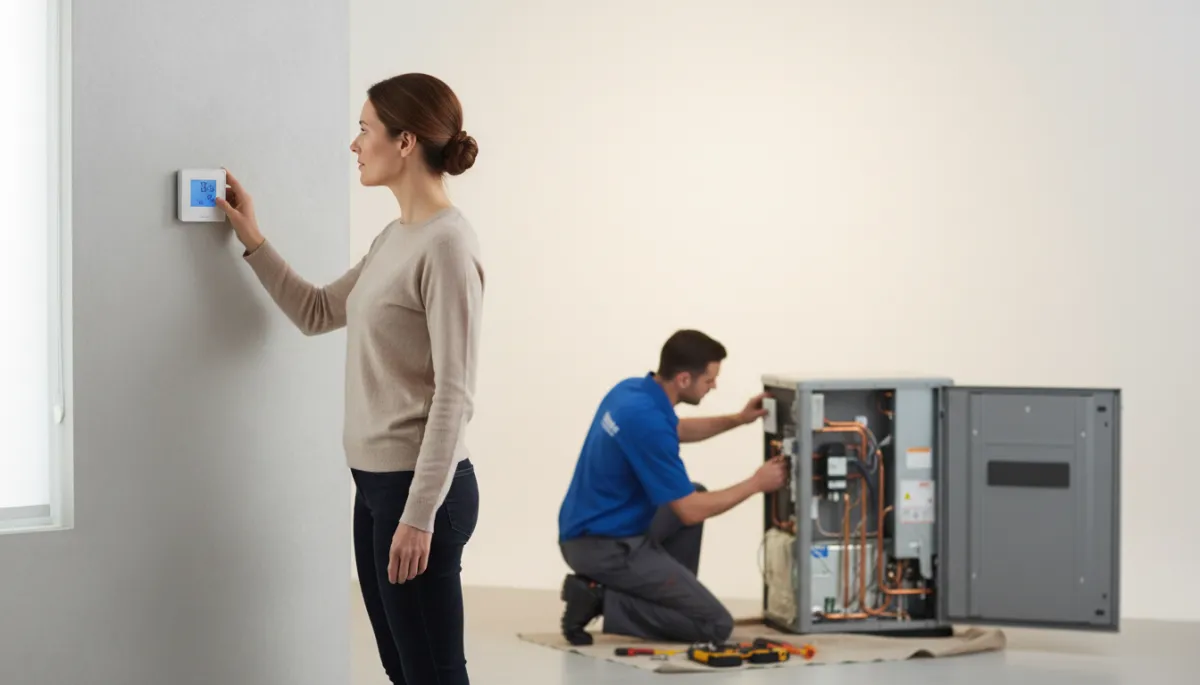 Homeowner adjusting thermostat while technician services indoor AC unit
