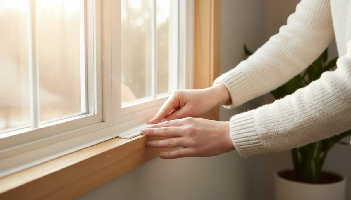 Homeowner sealing a window to prevent cool air leaks