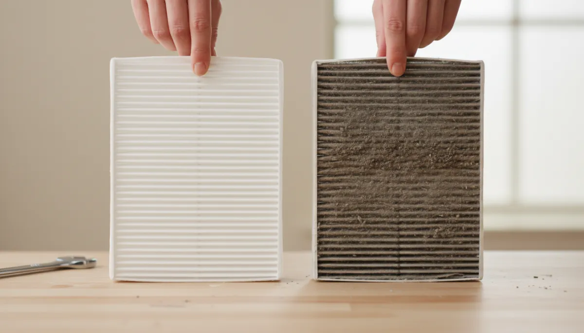 Technician comparing a clean pleated HVAC filter to a dirty, clogged one