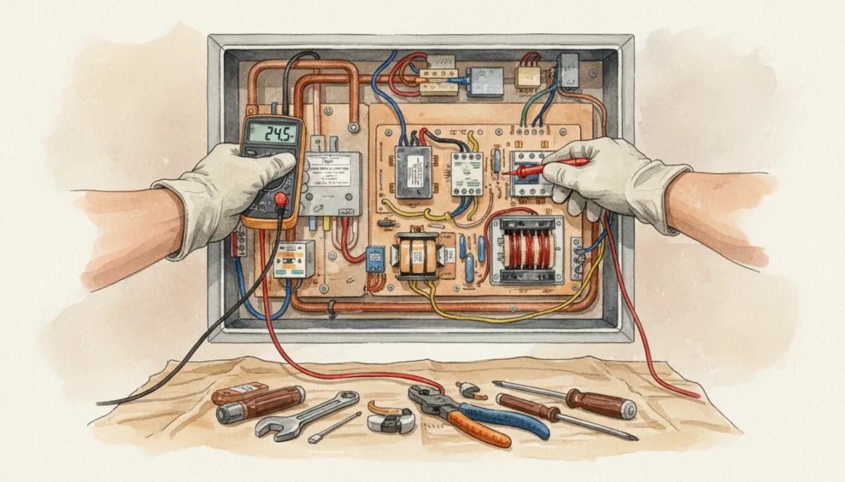 Technician testing HVAC electrical connections during a tune-up