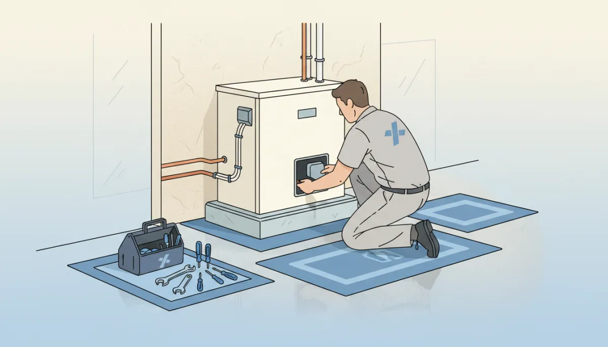 Technician installing a new indoor HVAC unit in a utility room Technician installing a new indoor HVAC unit in a utility room