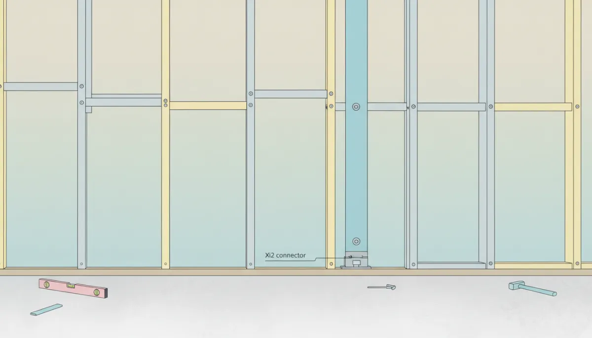Framed wall with Xi2 tie-down, vertical strap, and fasteners installed in alignment