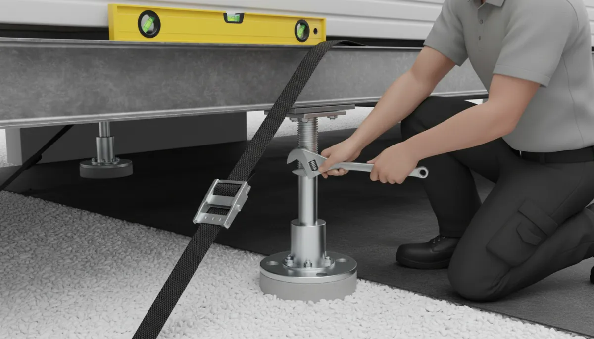 Technician adjusting mobile home support piers and tie-downs in a clean crawlspace Technician adjusting mobile home support piers and tie-downs in a clean crawlspace