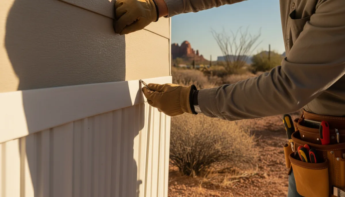 Technician inspecting vinyl skirting on an Arizona mobile home in professional neutral style Technician inspecting vinyl skirting on an Arizona mobile home in professional neutral style