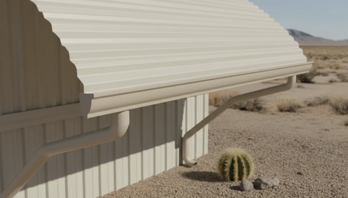 Close-up of gutter and downspout on Arizona mobile home awning