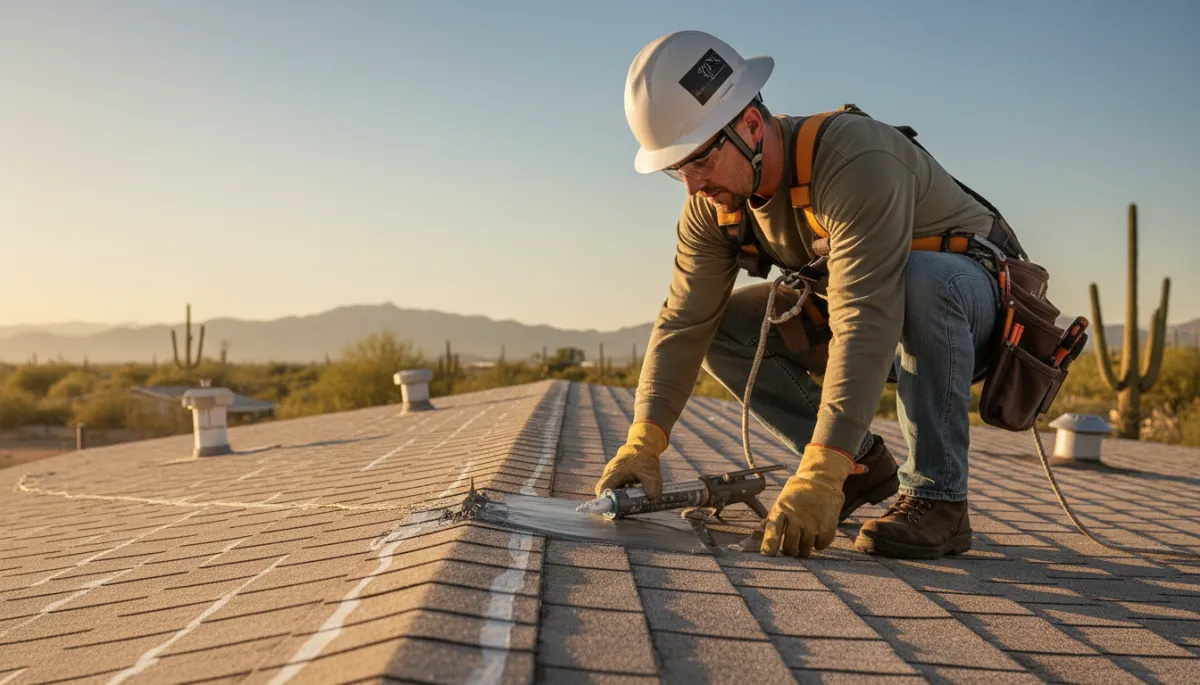 Roofer inspecting a mobile home roof surface for leaks