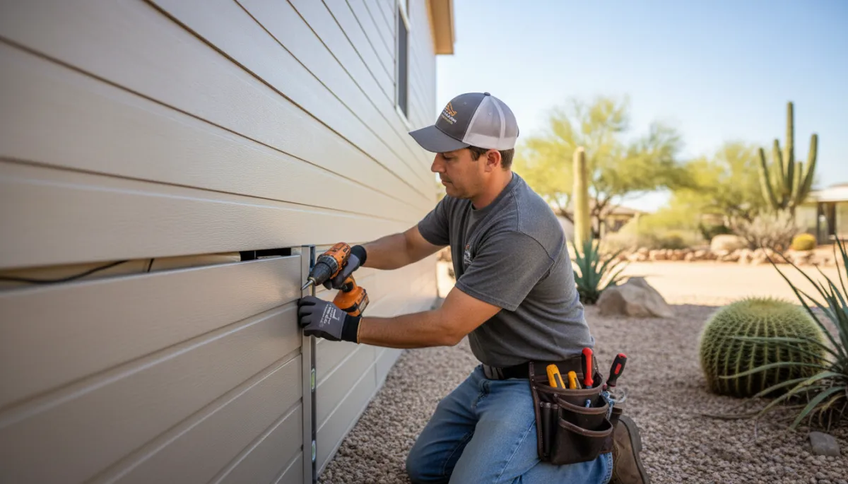 Technician installing new neutral skirting panel on an Arizona mobile home