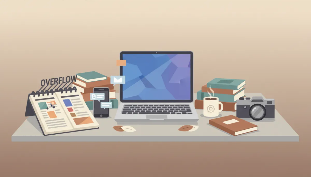 Busy work desk with neglected creative tools off to the side Busy work desk with neglected creative tools off to the side
