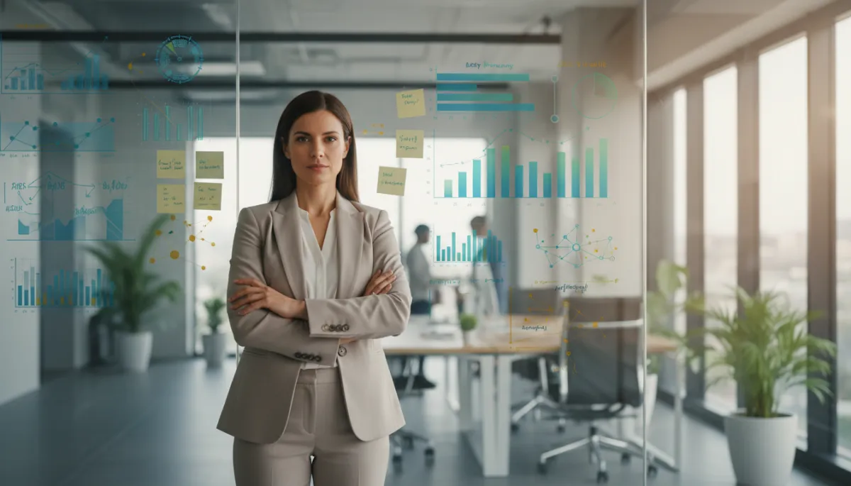 Confident female entrepreneur reviewing strategy notes and AI analytics in a modern office