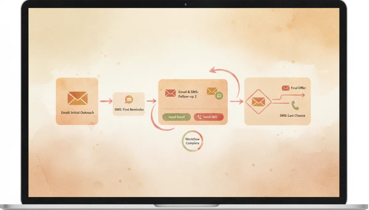 professional neutral-color close-up of a laptop screen showing an automated five-step follow-up workflow with email and SMS steps, subtle red interface highlights, photorealistic style