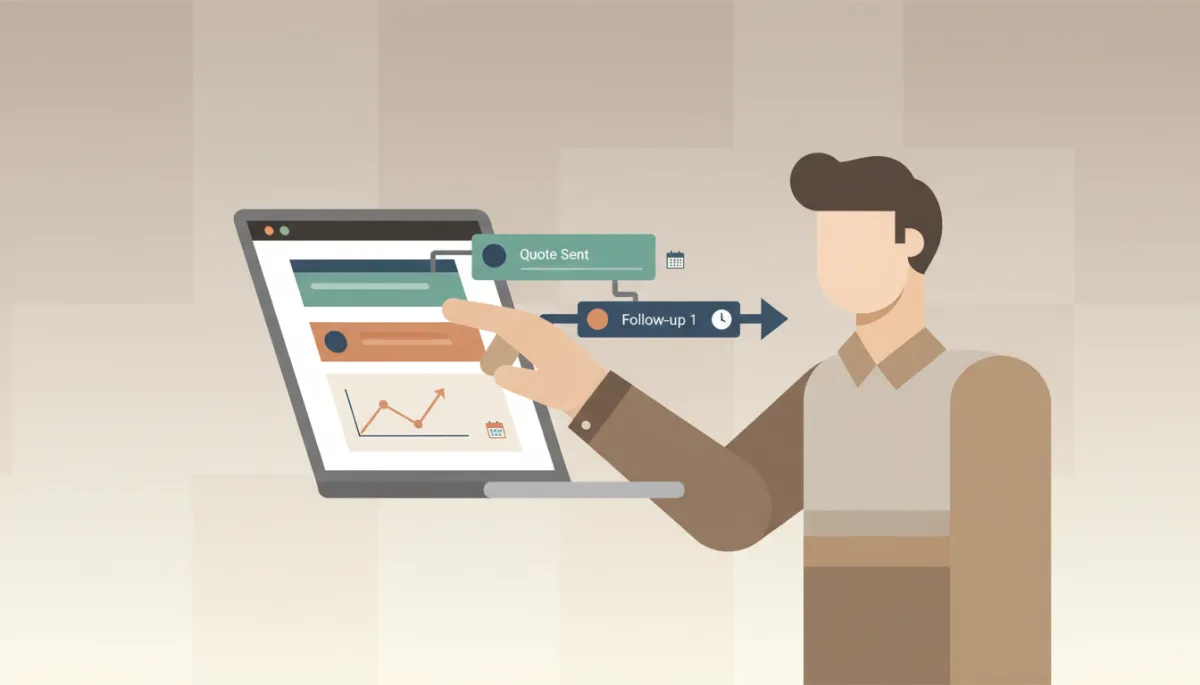 Marketer setting up an automated quote follow-up sequence on a laptop dashboard