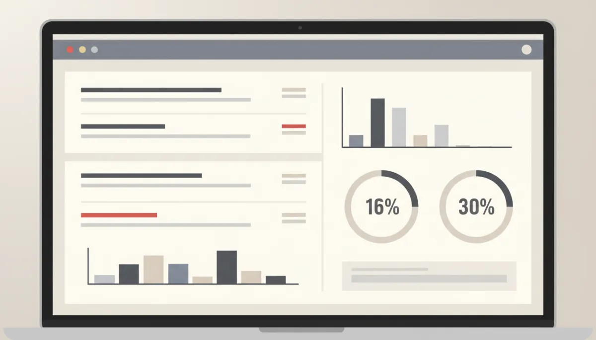 professional neutral-toned close-up of a laptop screen showing a multi-channel follow-up and lead tracking dashboard with timelines and engagement metrics, subtle red highlights, modern professional style