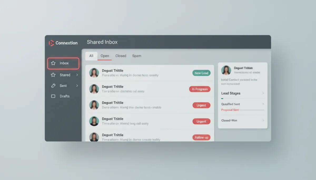 Shared inbox interface showing organized conversations and lead stages