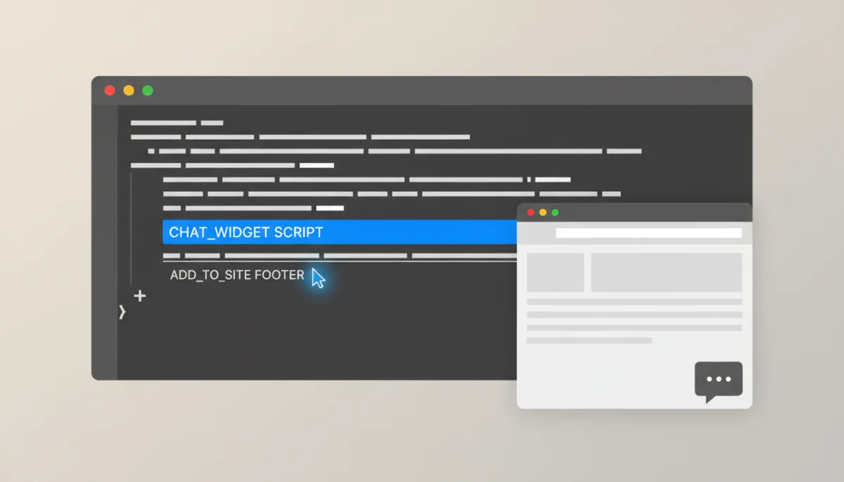 Developer adding chat widget script snippet into a website footer code editor Developer adding chat widget script snippet into a website footer code editor
