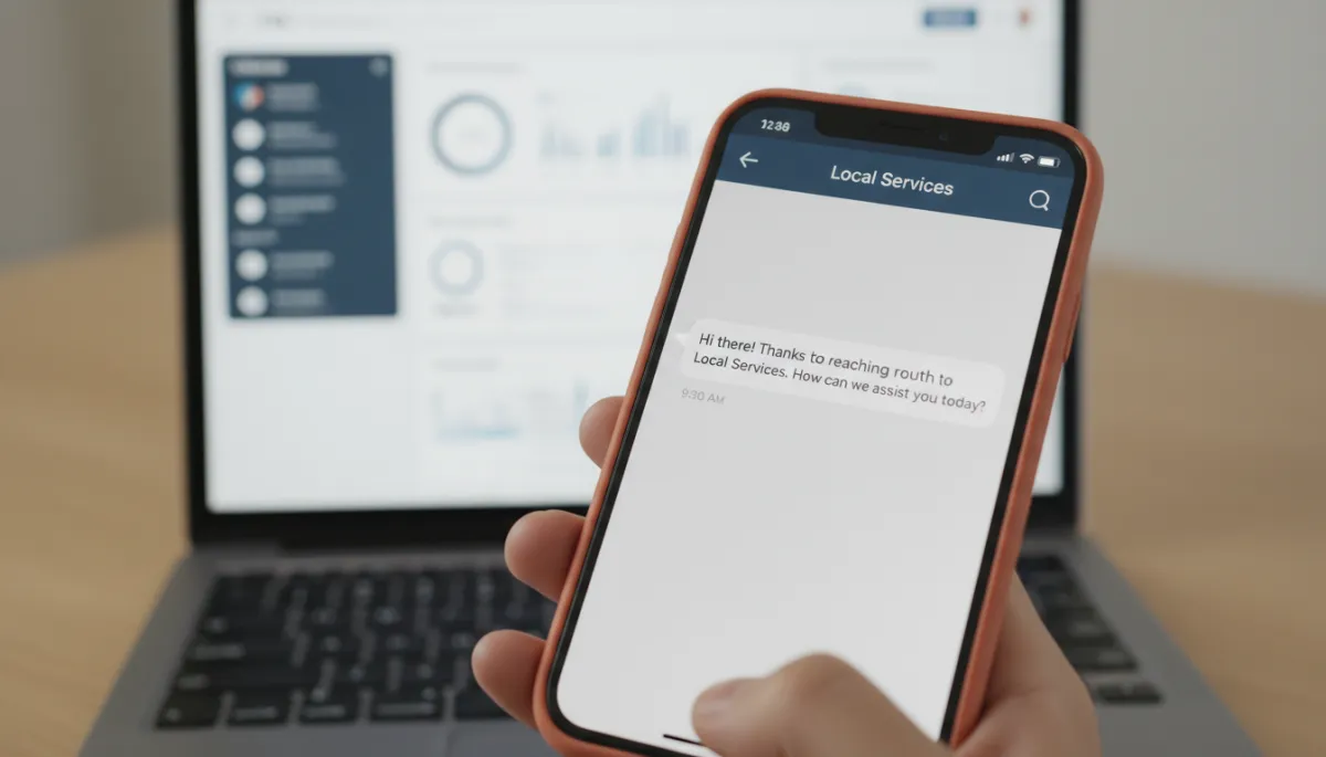 Phone showing automated SMS greeting from a local business
