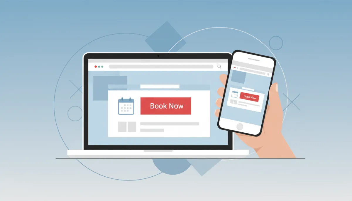Devices displaying a website with a prominent Book Now button and online booking form