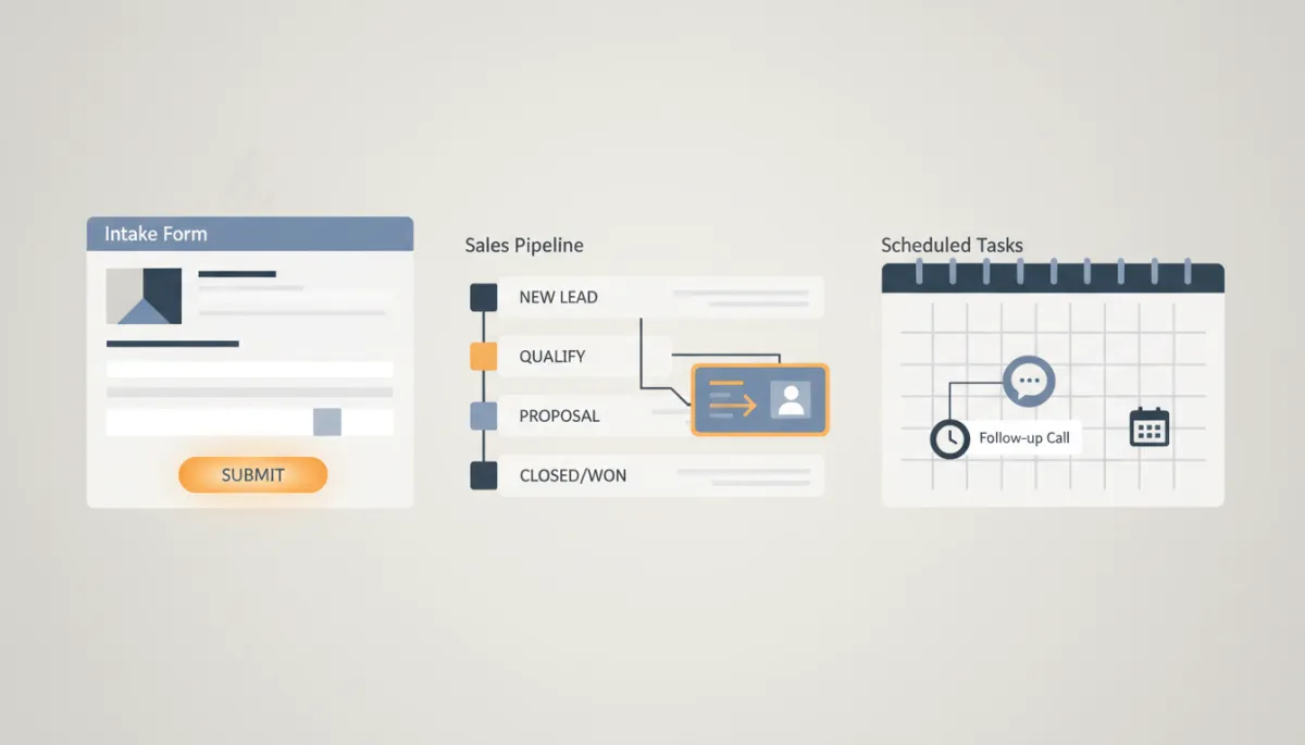 Dashboard showing an intake form feeding a sales pipeline and follow-up tasks