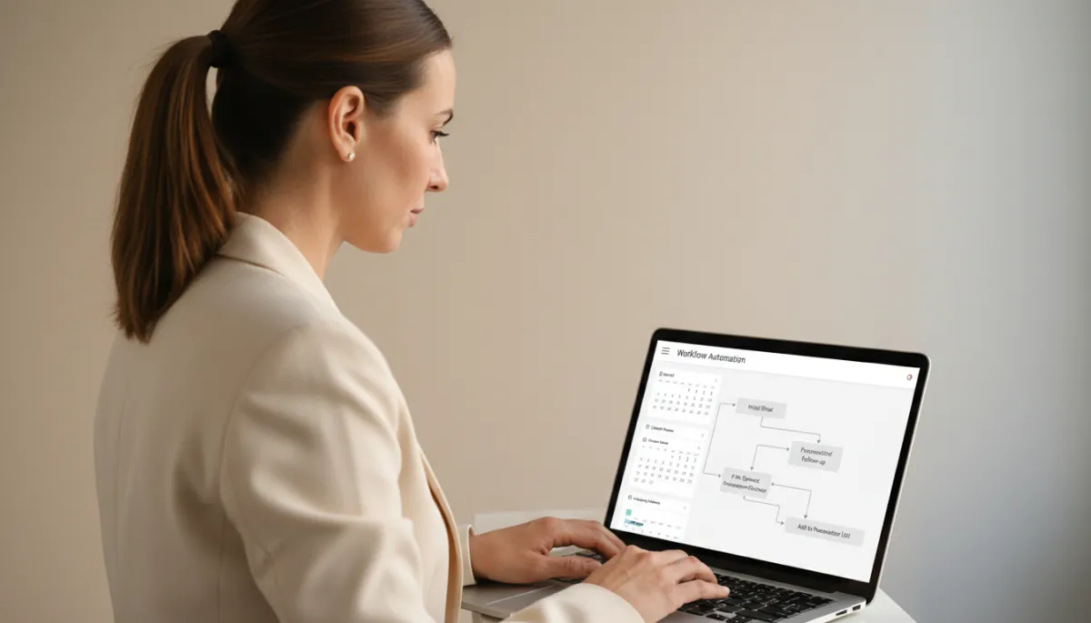 Marketing manager setting up automated after-appointment follow-up workflows on a laptop