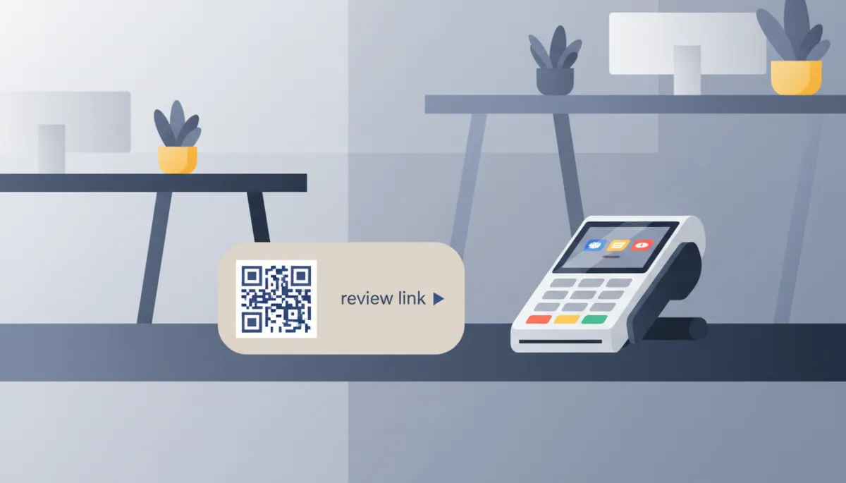 QR code and short review link displayed prominently at a business checkout area