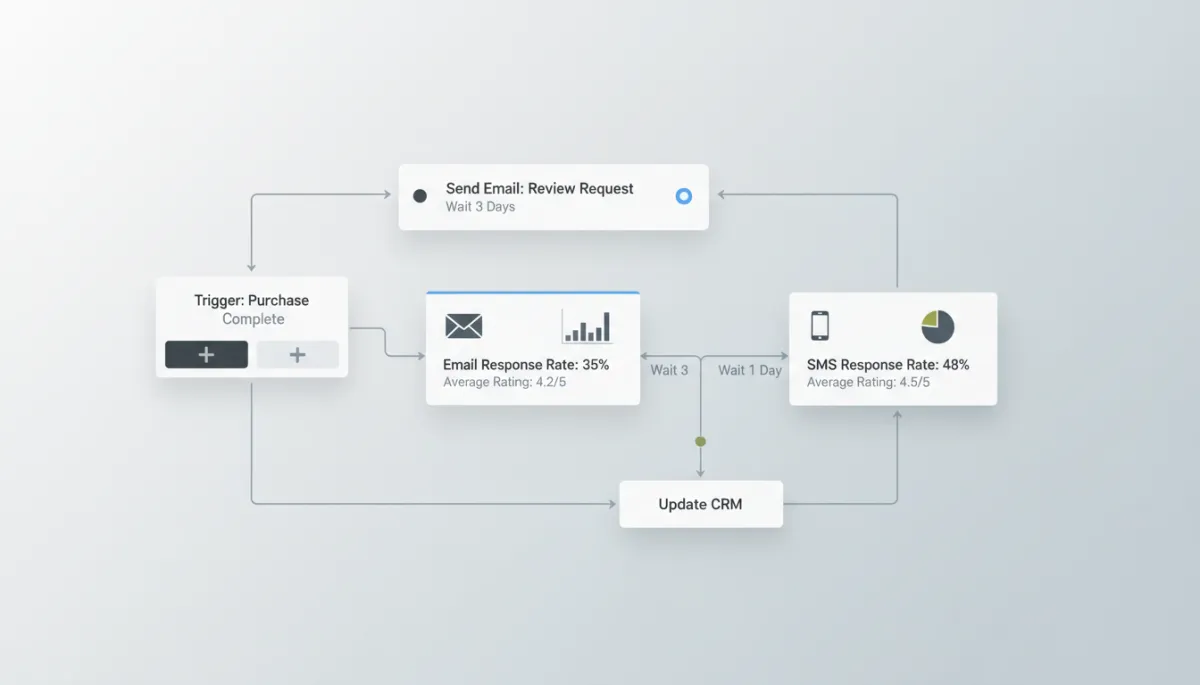 Automation dashboard showing review request workflow and performance metrics