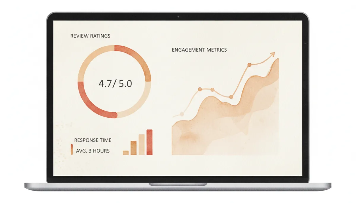 Dashboard displaying review ratings, response times, and engagement metrics