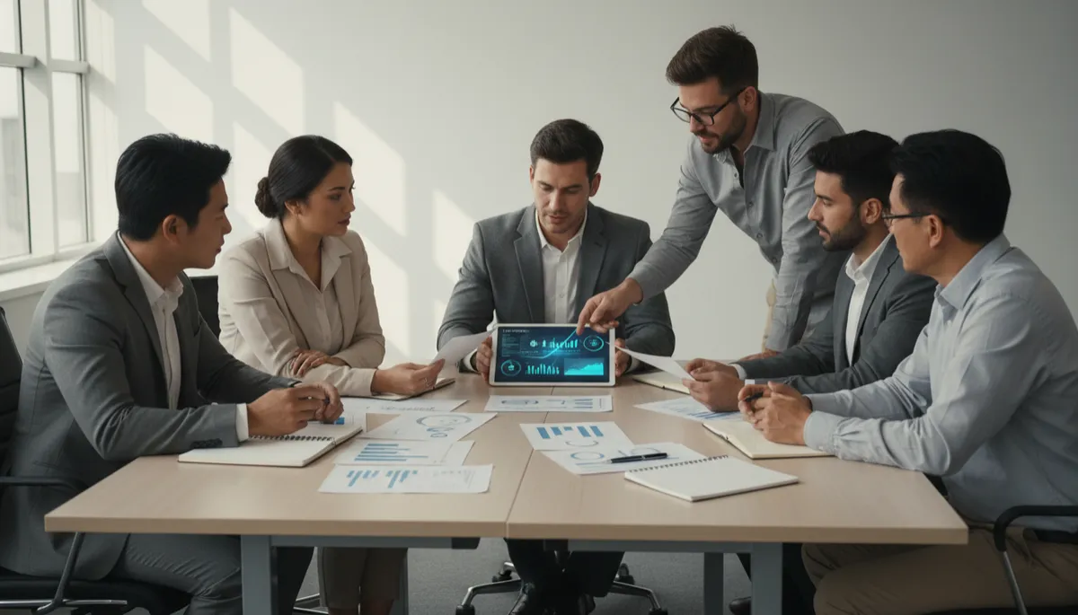 Marketing team reviewing lead tracking and referral performance reports