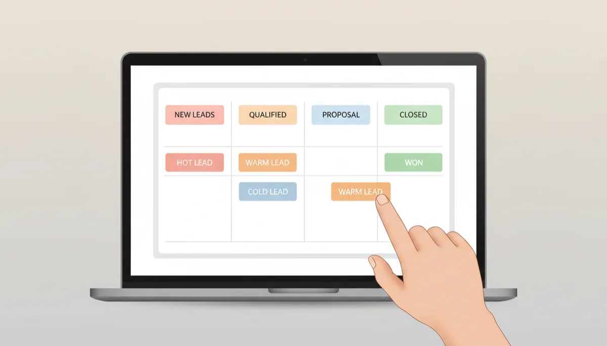 Laptop displaying a clean sales pipeline board with leads in different stages
