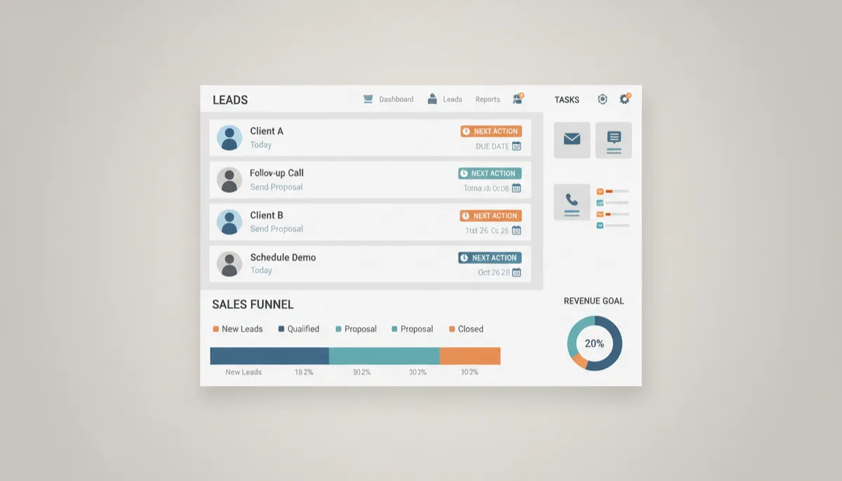 professional neutral-toned dashboard view of Connextion-style sales automation platform showing leads with clearly labeled next actions and due dates, professional style