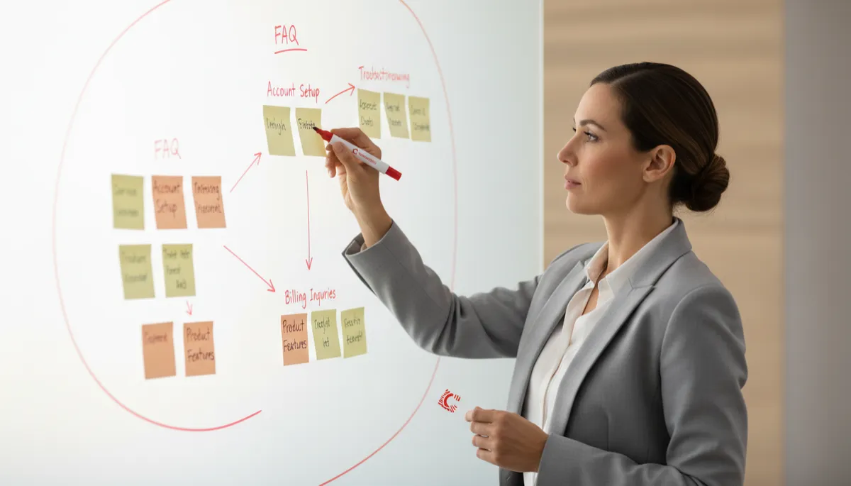Marketing manager organizing FAQ topics on a whiteboard in a professional setting