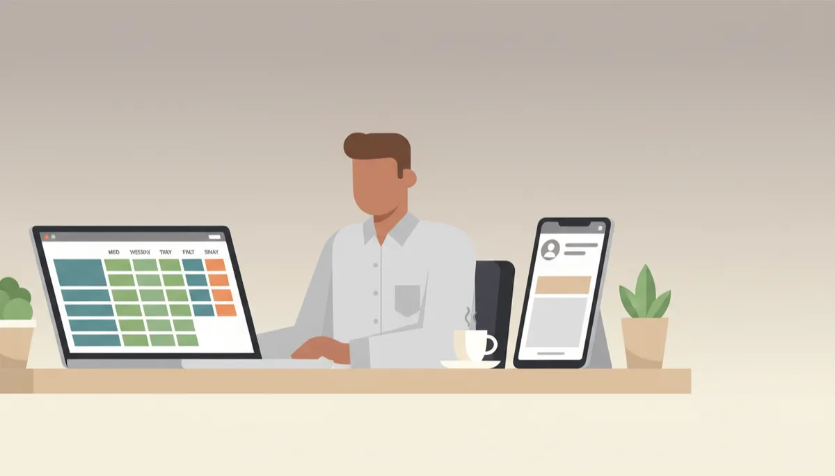 Business owner reviewing weekly schedule and communication windows on a laptop