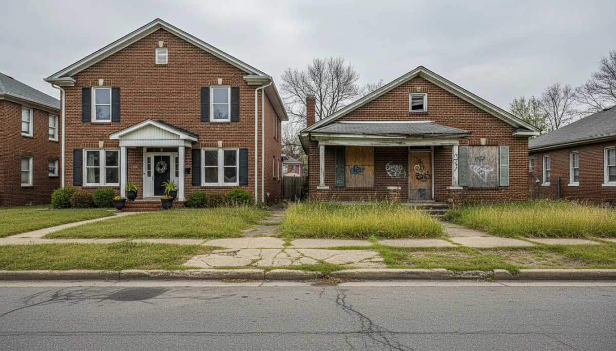 Contrasting occupied and vacant homes on a Memphis residential street Contrasting occupied and vacant homes on a Memphis residential street