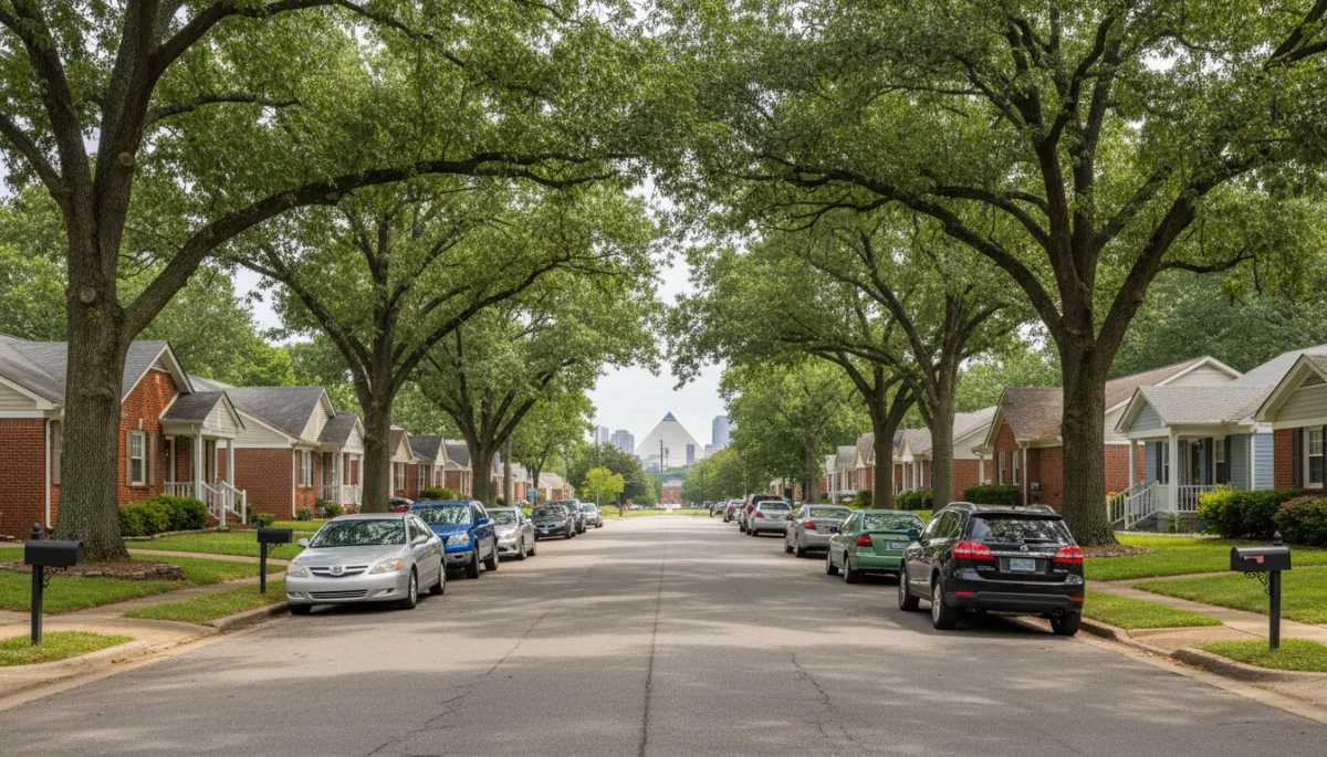 Create a hyper-realistic, high-resolution image of a typical Memphis residential neighborhood during the day. Show a quiet, clean street lined with mature trees and well-maintained, modest single-family homes featuring a mix of brick and siding exteriors. Lawns are neatly manicured, and each house has a simple front porch and a standard mailbox, subtly indicating affordability. Include a variety of parked cars along the street, with a realistic mix of newer and older models to reflect everyday life. Use soft, natural daylight with scattered clouds in the sky for a welcoming, authentic atmosphere. In the background, subtly incorporate a recognizable Memphis city landmark or a hint of the city skyline to establish the location. Ensure every detail—such as the texture of the grass, the shadows from trees, and the reflectivity of car windows—appears lifelike, emphasizing realism and authenticity while visually supporting the blog’s focus on the cost of living in Memphis compared to other cities. Create a hyper-realistic, high-resolution image of a typical Memphis residential neighborhood during the day. Show a quiet, clean street lined with mature trees and well-maintained, modest single-family homes featuring a mix of brick and siding exteriors. Lawns are neatly manicured, and each house has a simple front porch and a standard mailbox, subtly indicating affordability. Include a variety of parked cars along the street, with a realistic mix of newer and older models to reflect everyday life. Use soft, natural daylight with scattered clouds in the sky for a welcoming, authentic atmosphere. In the background, subtly incorporate a recognizable Memphis city landmark or a hint of the city skyline to establish the location. Ensure every detail—such as the texture of the grass, the shadows from trees, and the reflectivity of car windows—appears lifelike, emphasizing realism and authenticity while visually supporting the blog’s focus on the cost of living in Memphis compared to other cities.