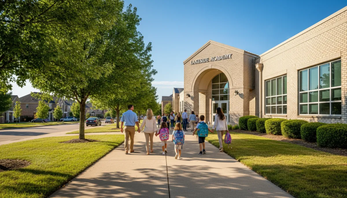 Families walking children into a suburban Memphis elementary school