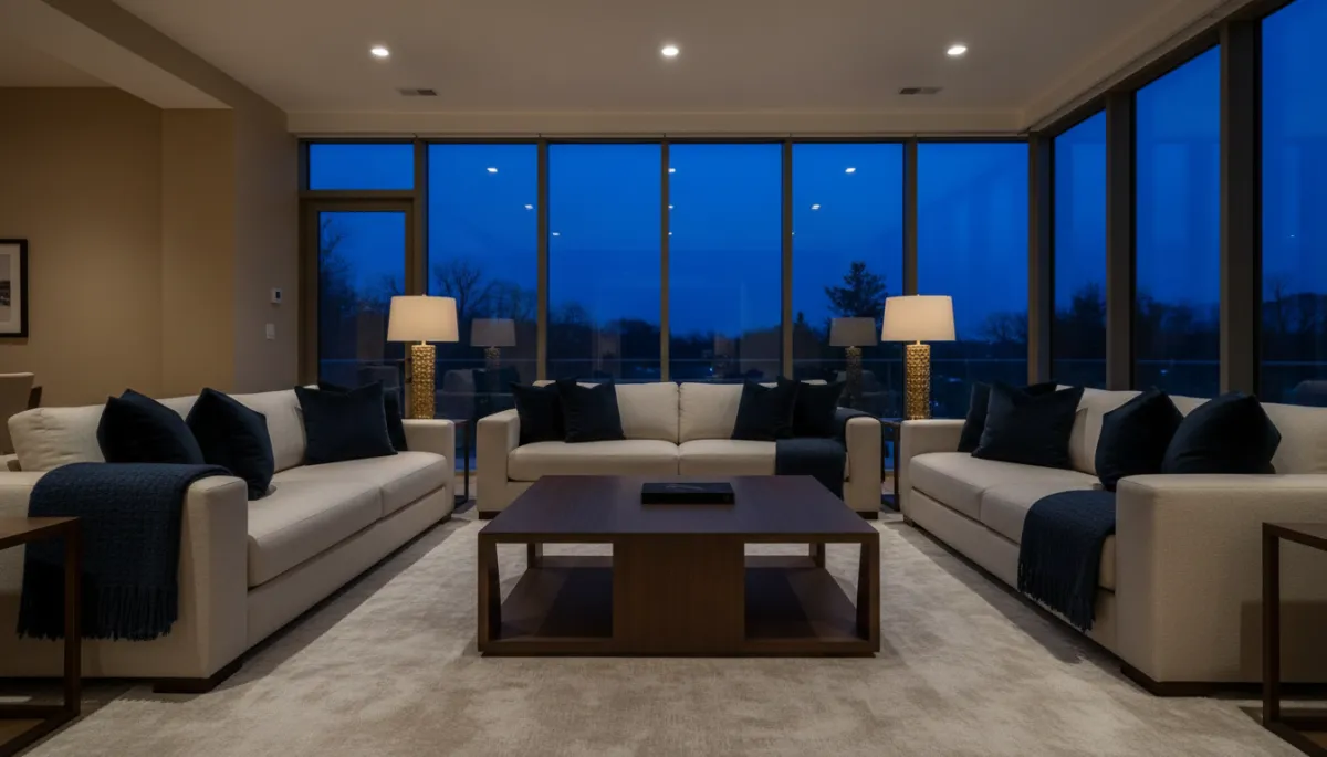 Photorealistic staged living room with warm tones and move-in ready presentation
