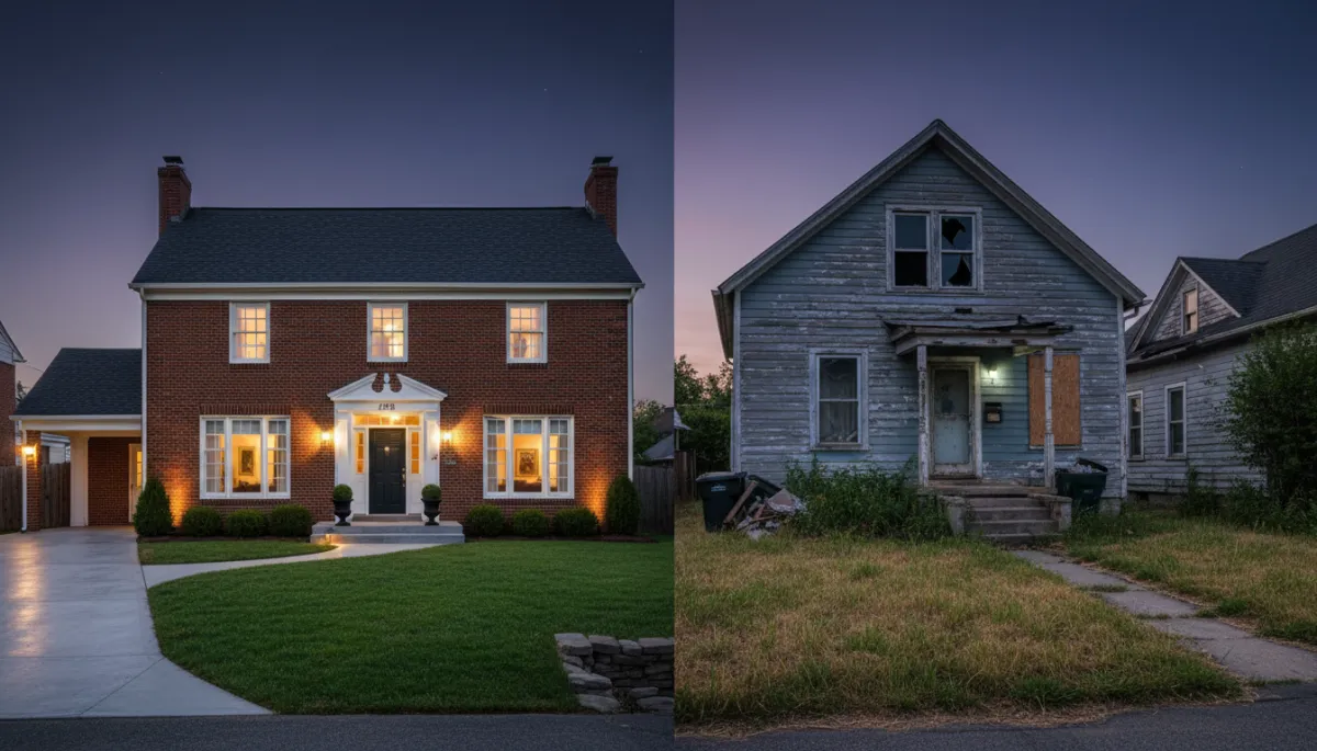 Comparison of a well-presented home exterior and a neglected home exterior on the same street