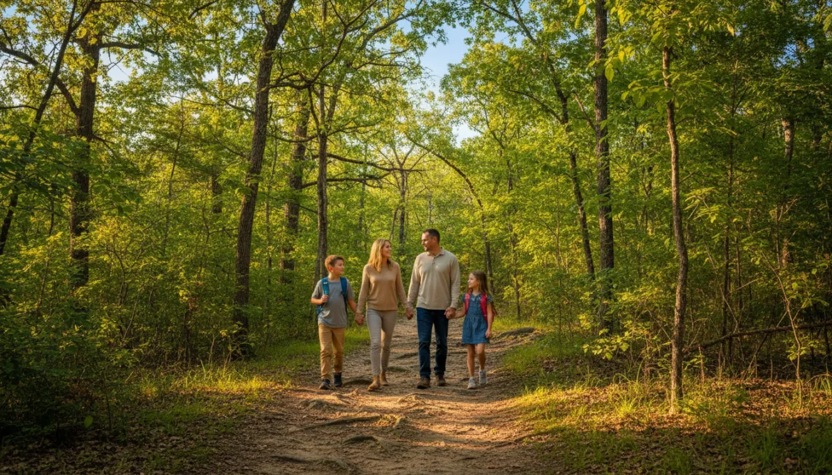 Family exploring Moss Rock Preserve trails in Hoover Alabama