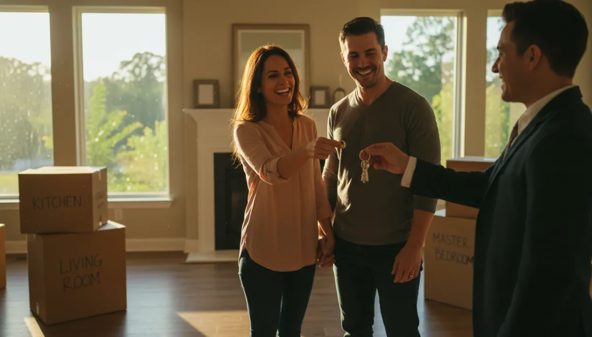 Real estate agent handing house keys to new homeowners in Hoover Alabama