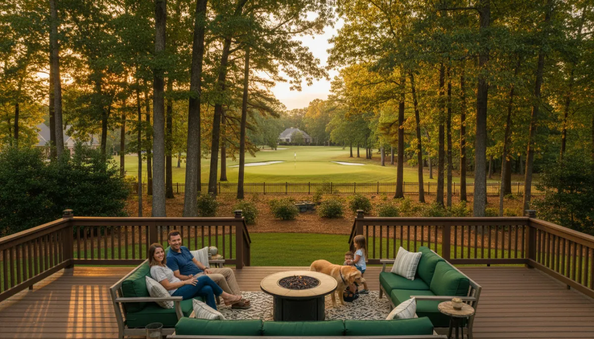 Family enjoying backyard overlooking trees and golf course in Riverchase