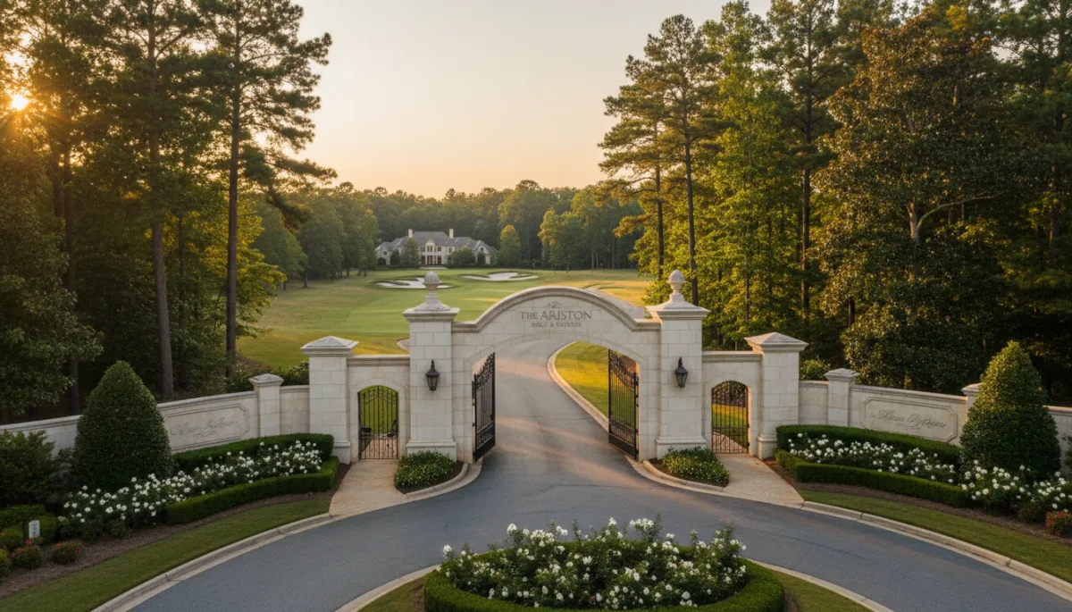 Gated stone entrance to Greystone Hoover AL with manicured landscaping