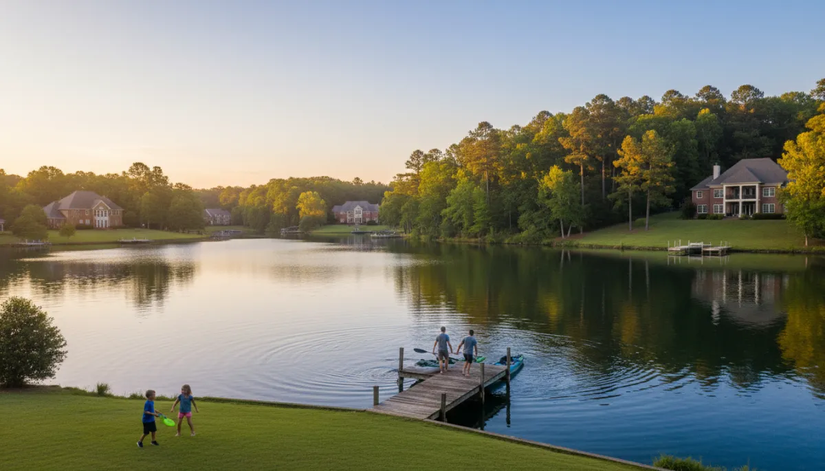 Family launching kayaks from a backyard dock on Lake Cyrus in Hoover Alabama